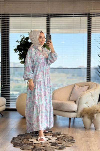 2512 Şal Desenli V Yaka Patı Düğmeli Elbise Yeşil Fuşya