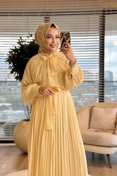 25139 Şifon Eteği Pileli Yaka Bağlamalı Elbise Sarı