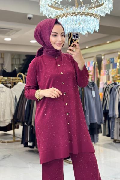 25195 Hırkalı Taşlı Takım Bordo