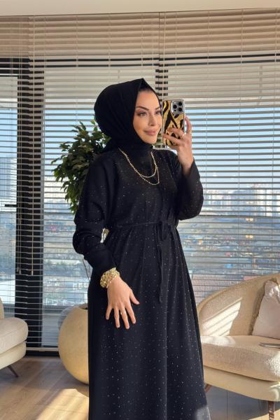 25196 Taş Detaylı Triko Elbise Siyah