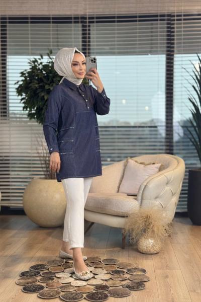 2527 Tencel Yanları Taş Detaylı Gömlek Lacivert