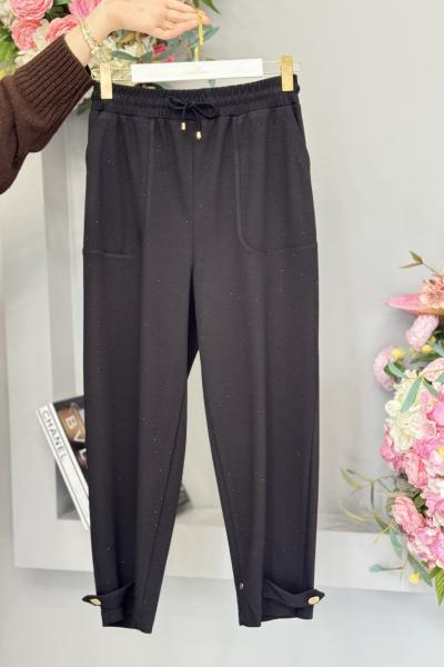 25535 Üstü Taş Baskılı Paça Düğmeli Pantolon Siyah