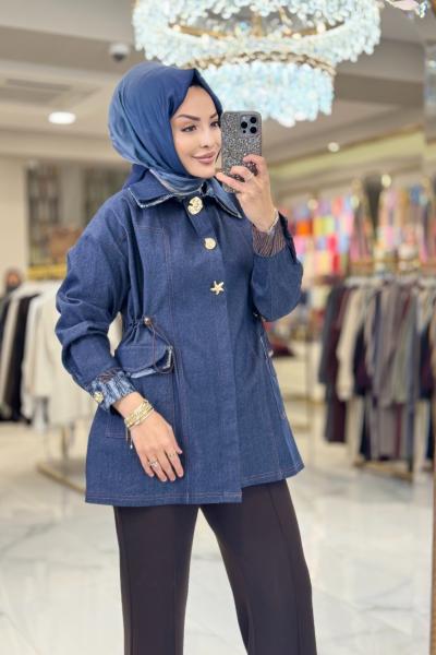 25545 Yaka Manşet Desen Parçalı Ceket Lacivert