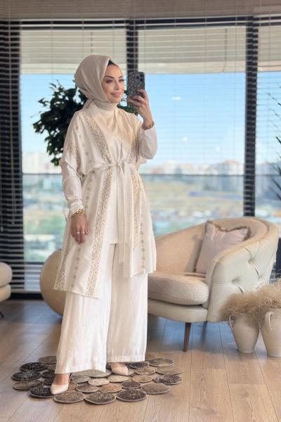 25604 Üstü Motif Nakışlı 3lü Takım Bej