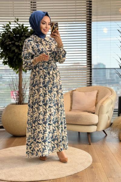 25609 Leila Desenli Elbise Lacivert