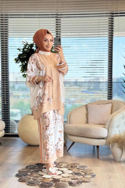 2563 Çiçek Ve Kuş Desenli Takım Ekru Latte