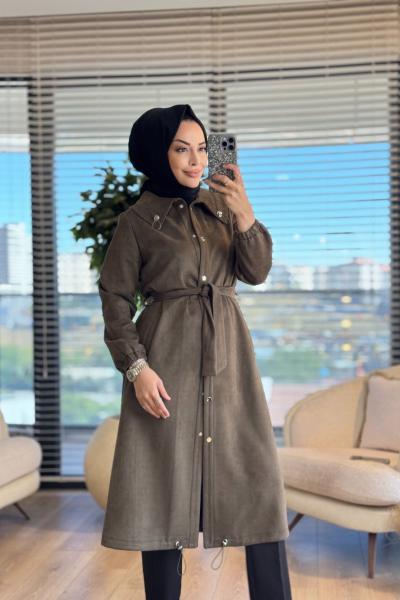 2569 Yakası Lastikli Süet Pardesü Haki