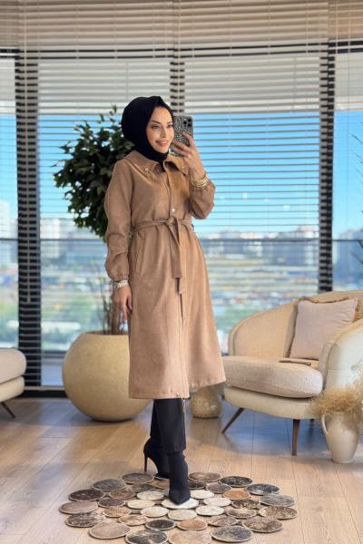 2569 Yakası Lastikli Süet Pardesü Bej