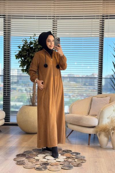 2571 Kolu Şeritli Süet Pardesü Taba