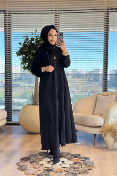 2572 Zincirli Hakim Yaka Süet Pardesü Siyah