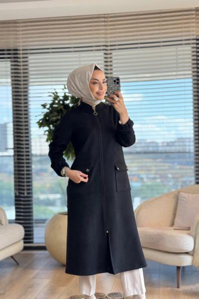 2575 Süet Önden Cepli Fermuarlı Kap Siyah