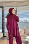 2583 Yanları Düğmeli Triko Takım Bordo