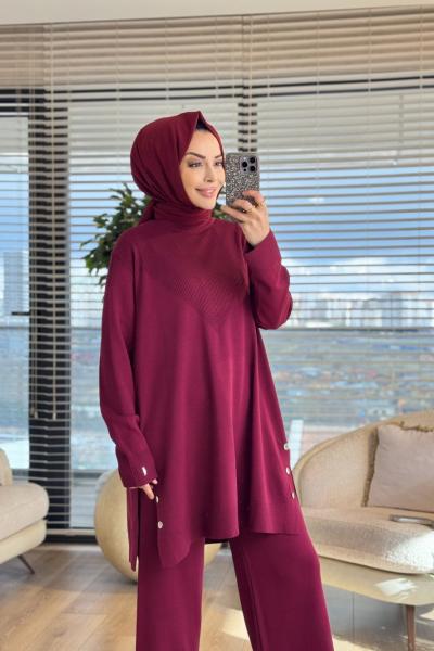 2583 Yanları Düğmeli Triko Takım Bordo