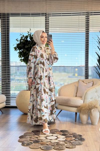 25EL510 Güneş Desenli V Yaka Elbise Haki