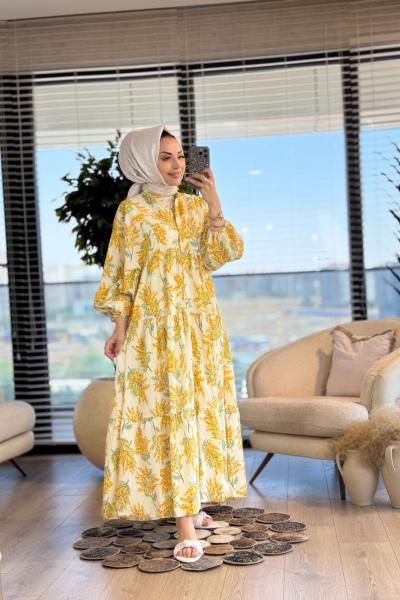 25EL592 Dal Desenli Elbise Sarı Yeşil