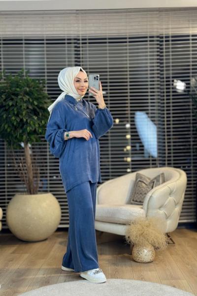 25K1010 Yaka Kenarı Fermuarlı Takım İndigo