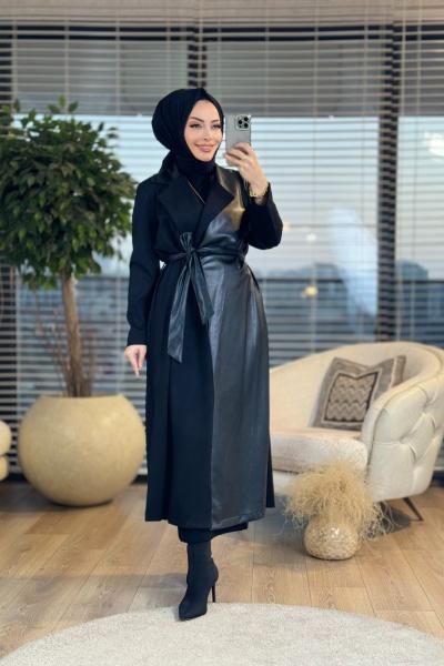 25K6014 Sağ Taraf Deri Uzun Kap Siyah