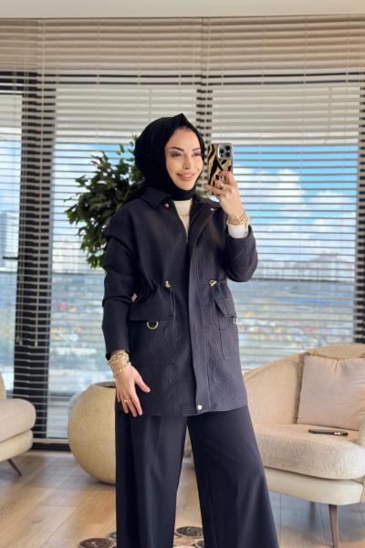 25KT525 Kendinden Desenli Fermuarlı Ceket Siyah