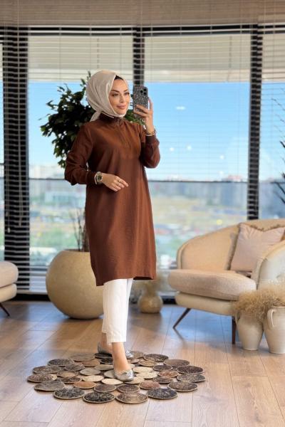 25YT433 Patı Fermuarlı Yaka Kol Ribanalı Tunik Kahve