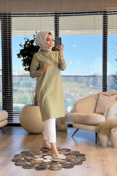 25YT433 Patı Fermuarlı Yaka Kol Ribanalı Tunik Yağ Yeşili