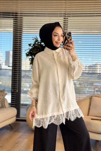 260124 Şık Dantel Detaylı Gömlek Ekru