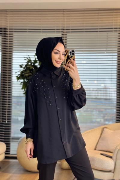 260141 Şık Aplikeli Gömlek Siyah