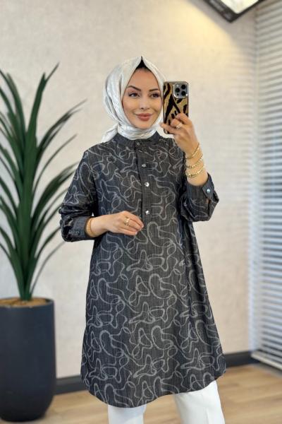 26016 Desen Üstü Taş Baskılı Tunik Siyah Desenli