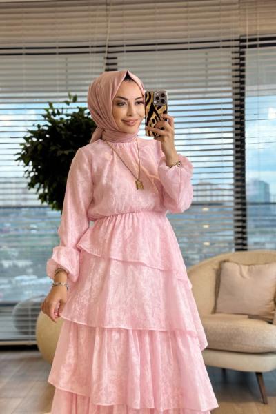 260180 Sade Katmanlı Elbise Pembe