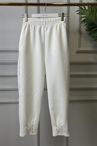 26027 Paçası Taşlı Pantolon Ekru