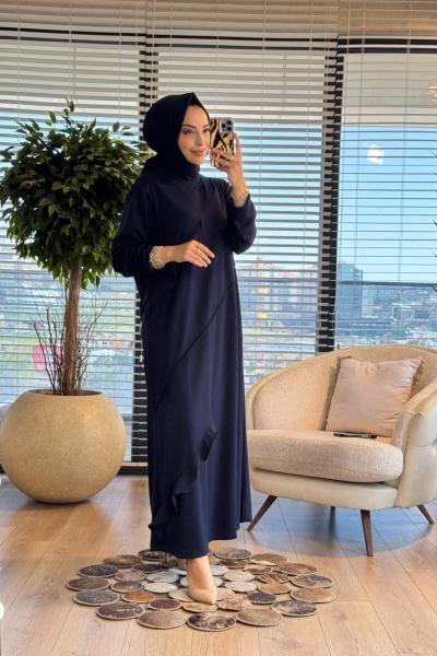 26221 Gamze Nervürlü Elbise Lacivert