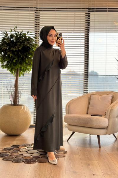 26221 Gamze Nervürlü Elbise Haki