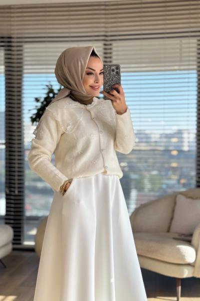 2624 Bebe Dantel Yaka Angora Kısa Hırka Ekru