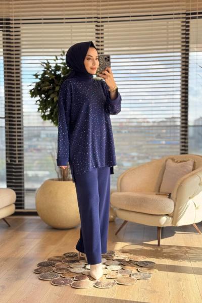 26240 Simli Triko Üstü Taş Baskılı Takım Lacivert