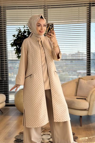 26450 Petek Desen Cebi Fermuarlı Yelek Bej