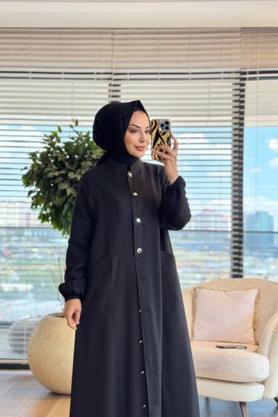 26516 Keten Metal Düğmeli Pardesü Siyah