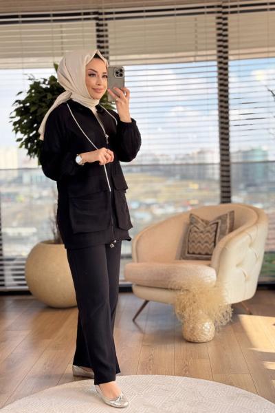 2674 Simli Kordon Detaylı Takım Siyah