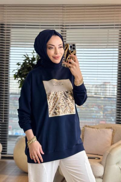 2695  Baskısı Pul Detaylı Sweatshırt Lacivert