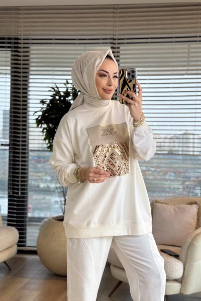2695  Baskısı Pul Detaylı Sweatshırt Ekru
