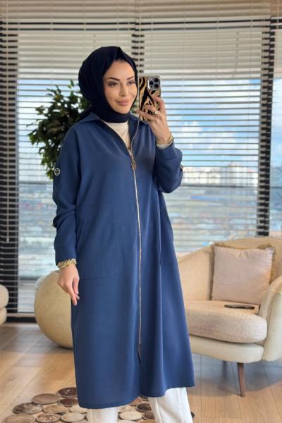 26YT516 Kolu Şeritli Ön Fermuarlı Kap İndigo