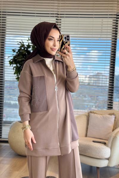 26YT601 Sol Taraf Zincir Detay Fermuarlı Takım Vizon