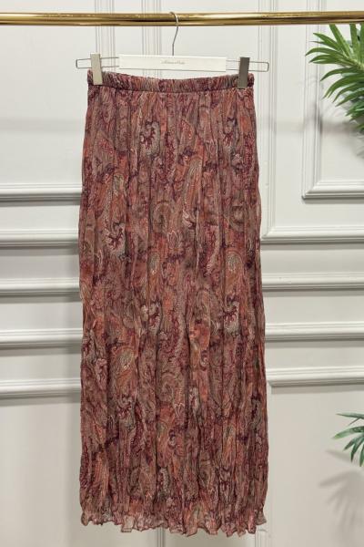 27032 Şifon Şal Desenli Kırışık Etek Kiremit