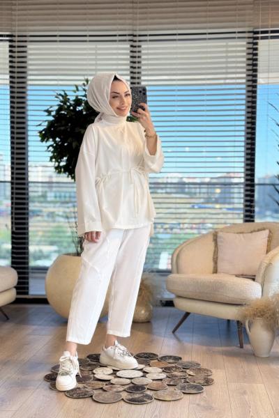 2755 Dikiş Detaylı Yırtmaçlı Sweat Ekru