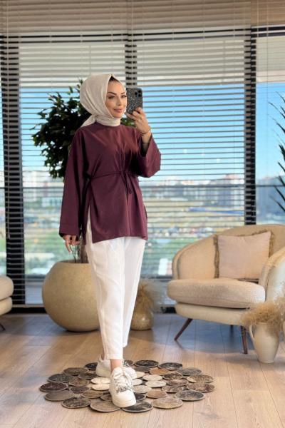 2755 Dikiş Detaylı Yırtmaçlı Sweat Mürdüm