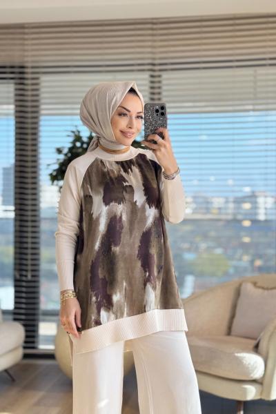 279 Kolları Kumaş Desenli Triko Tunik Bej