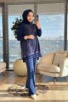 279 Kolları Kumaş Desenli Triko Tunik Lacivert