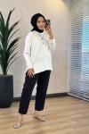 27QW1000 Önü Kuş Nakışlı Sweat Ekru