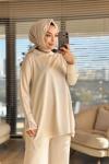 280 Kolu Dantelli Yaka Taşlı Triko Tunik Bej