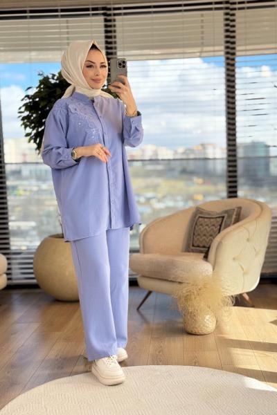 2802 Sarmaşık Nakış Detaylı Takım Bebe Mavi