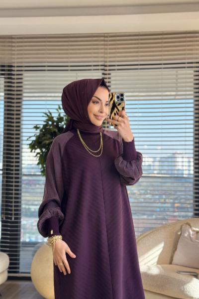 282 Ön Arka V Örgülü Kolları Kupra Elbise Mürdüm