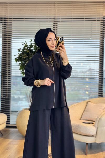 2872 Bol Paça Fermuarlı Takım Siyah